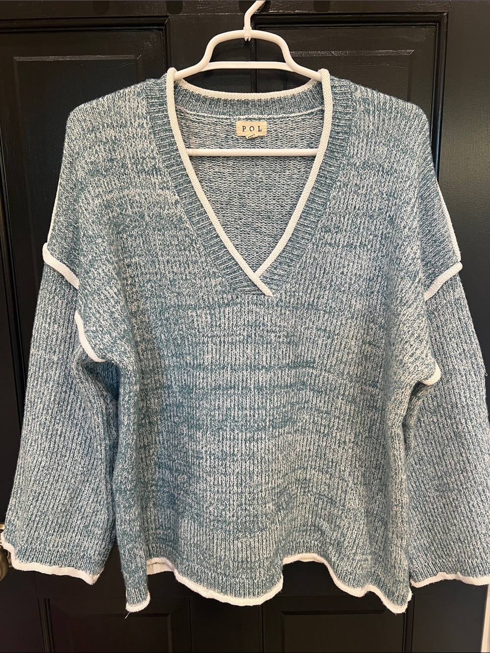 POL Blue Marled V-Neck Sweater with White Trim